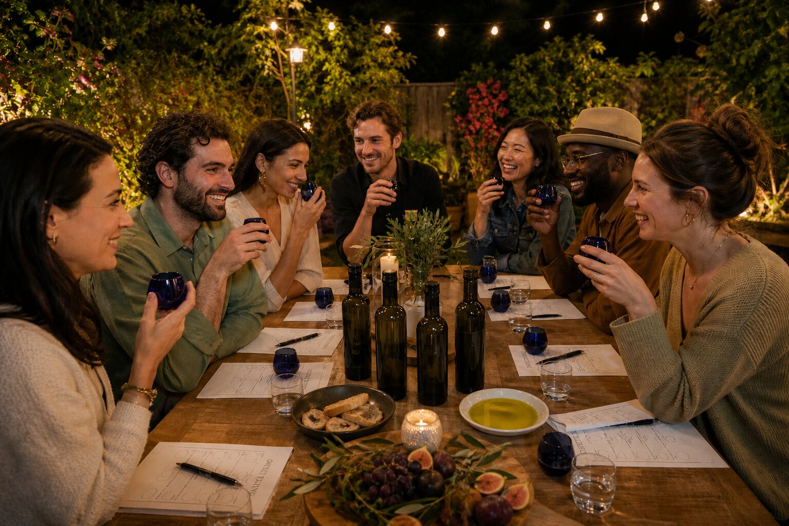 Friends at a candlelit garden table holding cobalt blue olive oil tasting cups, bottles and tasting cards between them