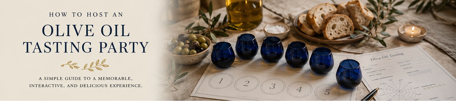 A styled olive oil tasting setup with cobalt blue cups on a numbered placemat, an open bottle of olive oil, olives, fresh bread, and a candle on a linen-covered table.